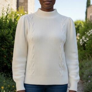 Elie Tahari Women’s Ivory Mock Neck Sweater Medium Ribbon Detail NWT Normcore